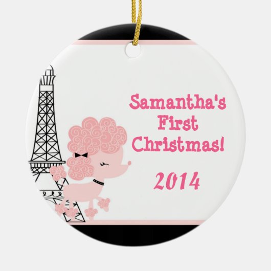 ピンクプードルインパリスパーソナライズされたネームオーナメント セラミックオーナメント (正面)