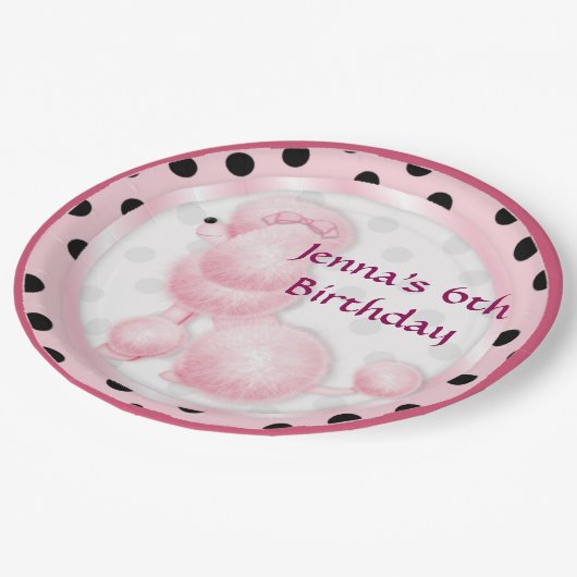 ピンクプードル誕生日パーティー紙プレート ペーパープレート (アングル)