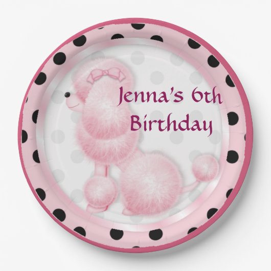 ピンクプードル誕生日パーティー紙プレート ペーパープレート (正面)