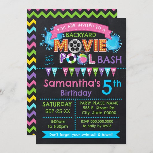 ピンクプールと映画誕生日夏パーティー 招待状 (正面/裏面)