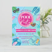 ピンクプールガーリーパーティートロピカル誕生日ガール 招待状 (スタンド正面)
