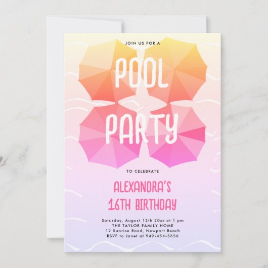 ピンクプールバースデーパーティーアンブレラクールススウィート16 招待状 (正面)