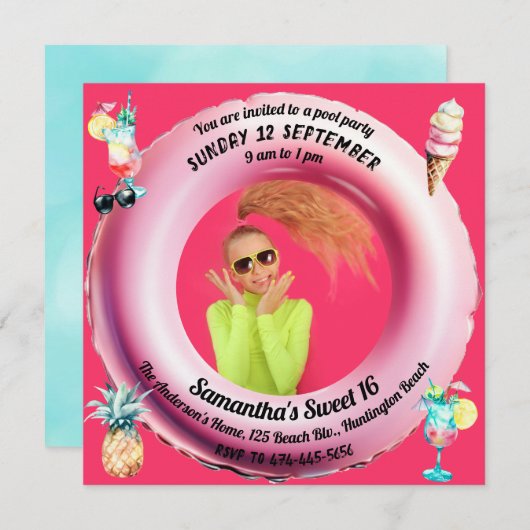 ピンクプールパーティーカクテルパイナップルスウィート16写真 招待状 (正面/裏面)