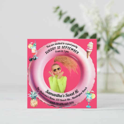 ピンクプールパーティーカクテルパイナップルスウィート16写真 招待状 (スタンド正面)