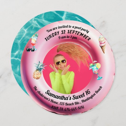 ピンクプールパーティーカクテル水彩甘い16写真 招待状 (正面/裏面)