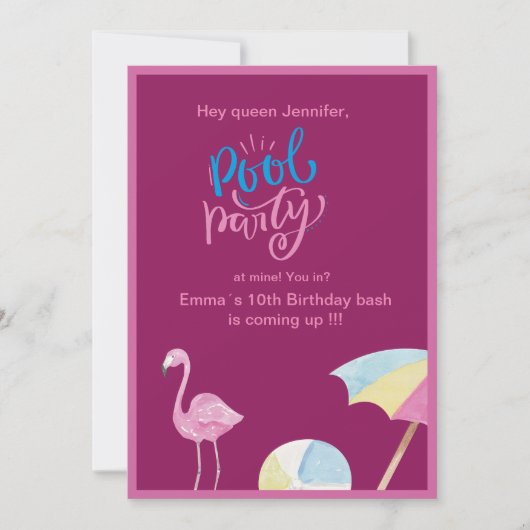 ピンクプールパーティースプラッシュ誕生日招待状 招待状 (正面)