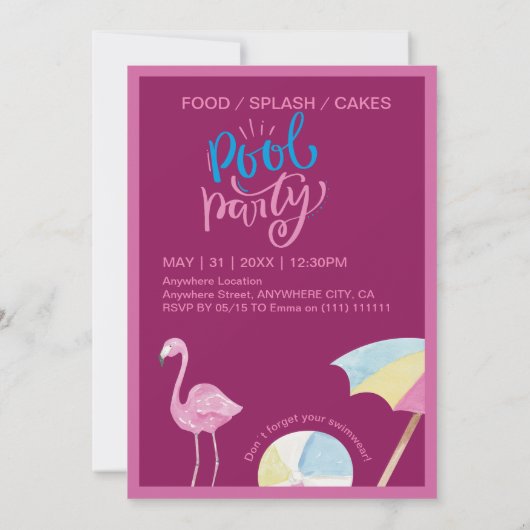 ピンクプールパーティースプラッシュ誕生日招待状 招待状 (裏面)