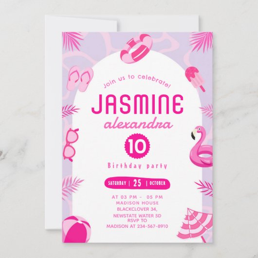 ピンクプールパーティー編集可能誕生日招待状 招待状 (正面)