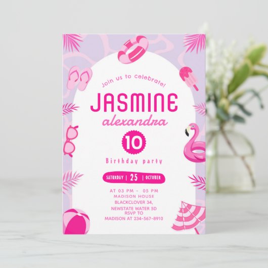 ピンクプールパーティー編集可能誕生日招待状 招待状 (スタンド正面)