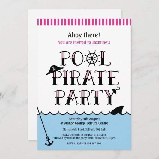 ピンクプール海賊パーティー誕生日招待状 招待状 (正面/裏面)