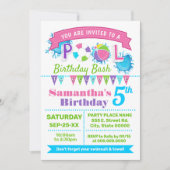 ピンクプール誕生日の夏のバッシュ 招待状 (正面)