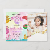 ピンクプール誕生日招待状と写真 招待状 (正面)