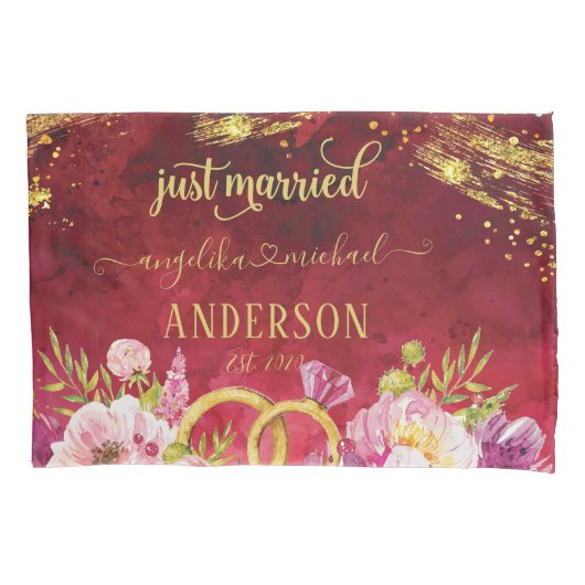 ピンクプー結婚ニーリングや輪レッド金ゴールドたった今結婚しました 枕カバー (正面)