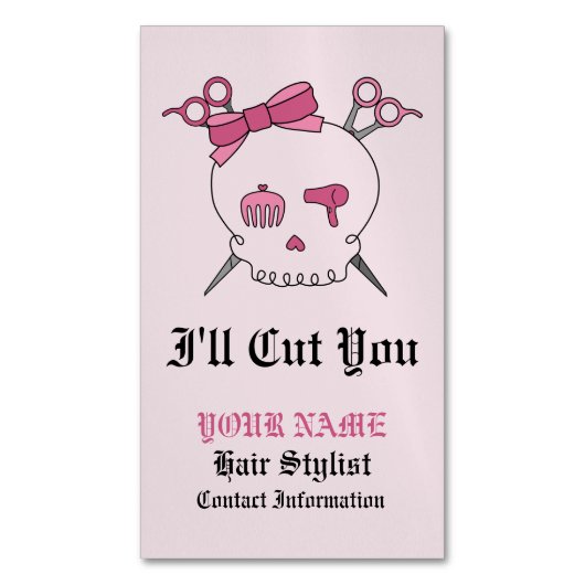 ピンクヘアアクセサリースカル – シザークロスボーン#6 マグネット名刺 (正面縦)