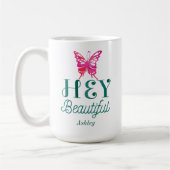 ピンクヘイビューティフル引用文グリーンタイポグラフィ コーヒーマグカップ (左)