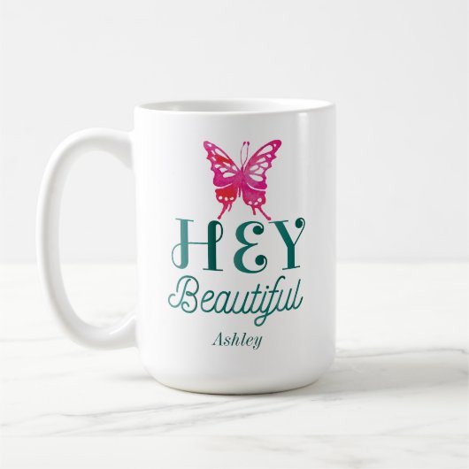 ピンクヘイビューティフル引用文グリーンタイポグラフィ コーヒーマグカップ (左)