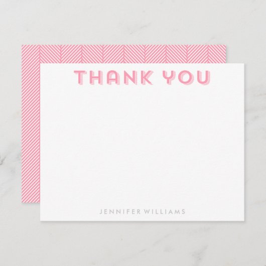 ピンクヘリンボーンパターンサンキューノートカード 招待状 (正面/裏面)