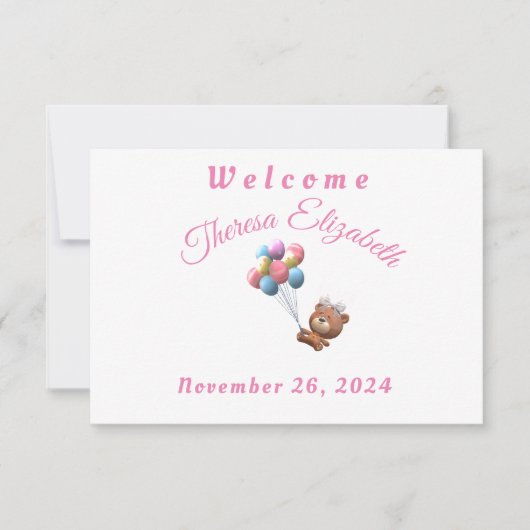 ピンクベアとバルーンをテーマにしたエンクロージャカード 招待状 (正面)