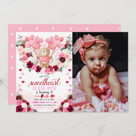 ピンクベアスイートハートバレンタインズフォト誕生日 招待状 (正面/裏面)