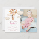 ピンクベアバルーン第1誕生日ガール招待状 招待状 (正面)