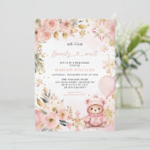 ピンクベアフローラクリスマスウィンターガールベビーシャワー 招待状 (スタンド正面)