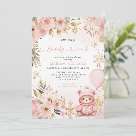 ピンクベアフローラクリスマスウィンターガールベビーシャワー 招待状 (スタンド正面)
