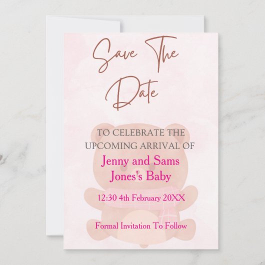 ピンクベアベイビーシャワー Save the Date カード | かわいい & (正面)