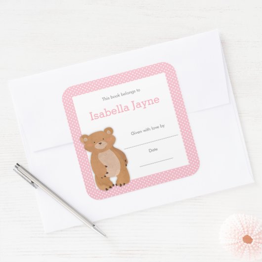 ピンクベアベビーシャワー蔵書票、ガールブックプレート スクエアシール (封筒)
