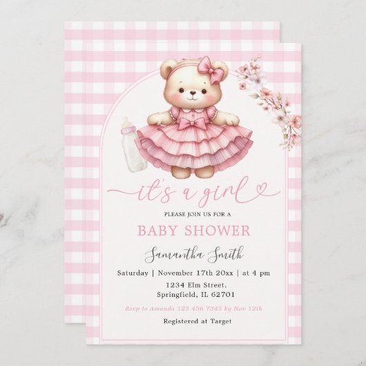 ピンクベアボトルベビーシャワーガールピンクジンガム 招待状 (正面/裏面)