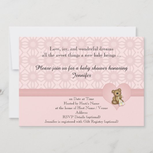 ピンクベアレトロフラワーベビーシャワー招待状 招待状 (正面)