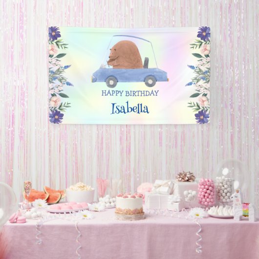 ピンクベアレースカートロピカルフラワーバースデーパーティー 横断幕 (パーティー)