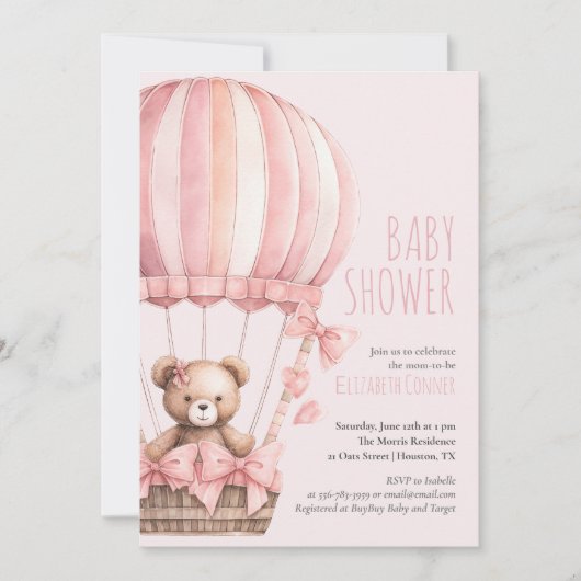 ピンクベアーインバルーンベビーシャワーガール招待状 招待状 (正面)