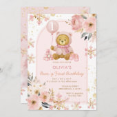 ピンクベアーウィンタースノーフレークベアリーファースト誕生日 招待状 (正面/裏面)