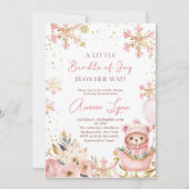 ピンクベアークリスマスウィンターガールベビーシャワー 招待状 (正面)