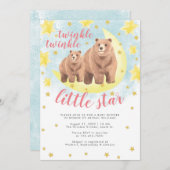 ピンクベアーズ金ゴールドキラキラ星ベビーシャワー 招待状 (正面/裏面)