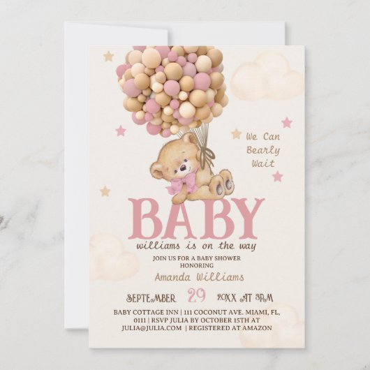 ピンクベアーバルーン女の子ベビーシャワー 招待状 (正面)