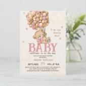 ピンクベアーバルーン女の子ベビーシャワー 招待状 (スタンド正面)