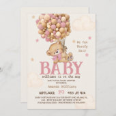 ピンクベアーバルーン女の子ベビーシャワー 招待状 (正面/裏面)