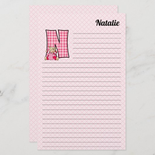 ピンクベアーモンドグラムN並び名前入り 便箋 (正面/裏面)