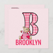 ピンクベアーレターA子供の誕生日パーティの招待状 招待状 (正面/裏面)