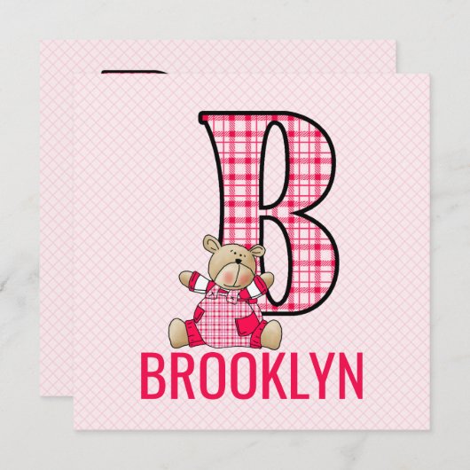 ピンクベアーレターA子供の誕生日パーティの招待状 招待状 (正面/裏面)