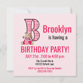 ピンクベアーレターA子供の誕生日パーティの招待状 招待状 (裏面)