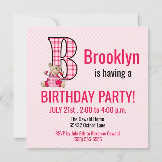 ピンクベアーレターA子供の誕生日パーティの招待状 招待状 (裏面)