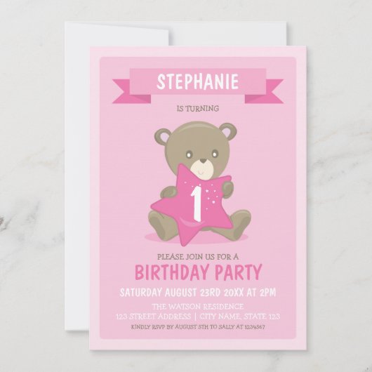 ピンクベアー任意の年齢または最初の誕生日招待状 招待状 (正面)
