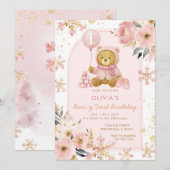 ピンクベアー冬の雪の結晶ビーアリーの1歳の誕生日 招待状 (正面/裏面)