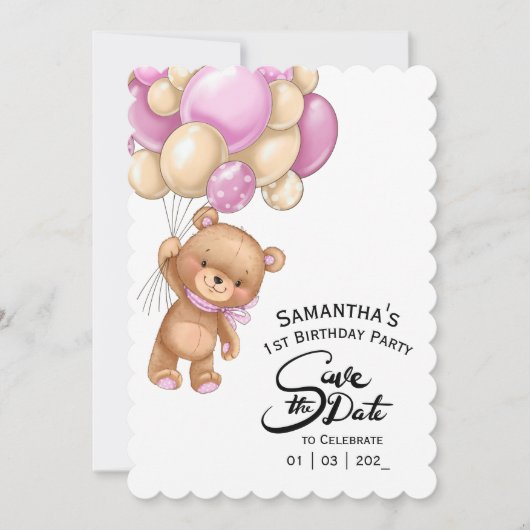 ピンクベア誕生日ガール 招待状 (正面)