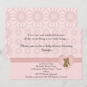 ピンクベア レトロ フラワー ベイビーシャワー 招待状 (正面/裏面)