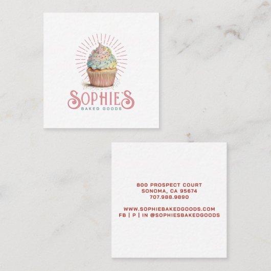 ピンクベイカーベーカリーカップケーキロゴタイポグラフィ スクエア名刺 (正面/裏面)