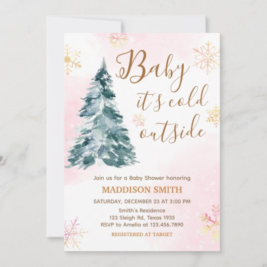 ピンクベイビー イッツ コールド アウトサイド ベイビーシャワー 招待状 (正面)