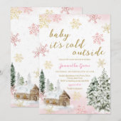 ピンクベイビー　外は寒いよ　ベイビーシャワー 招待状 (正面/裏面)